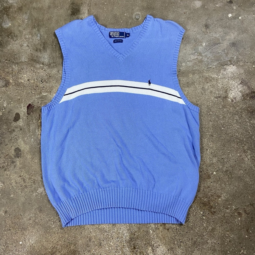 Vintage 90s Polo Ralph Lauren Sweater Vest Size XL Blue Knit V Neck Pony Logo